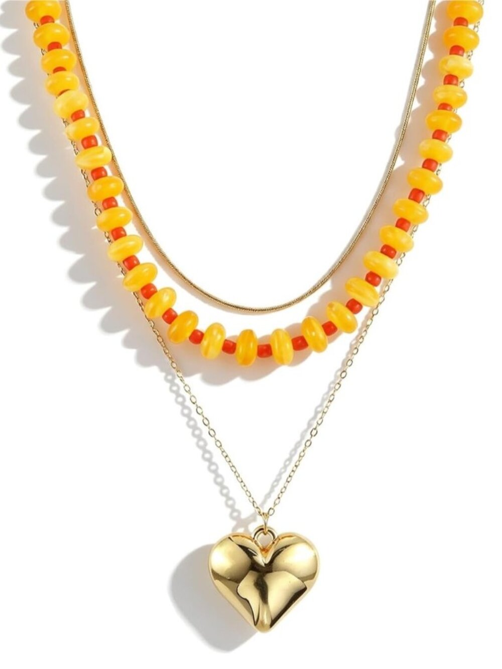 Gold Heart Pendant Layered Necklace with Yellow Beads